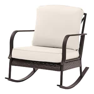 Becker Dark Mocha Steel Outdoor Patio Rocking Chair with CushionGuard Almond Tan Cushions