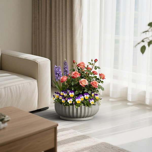 20.5in. Dia Round Fulted Bowl Planter Large Stone Gray Concrete Flower Plant Pots with Drainage Hole