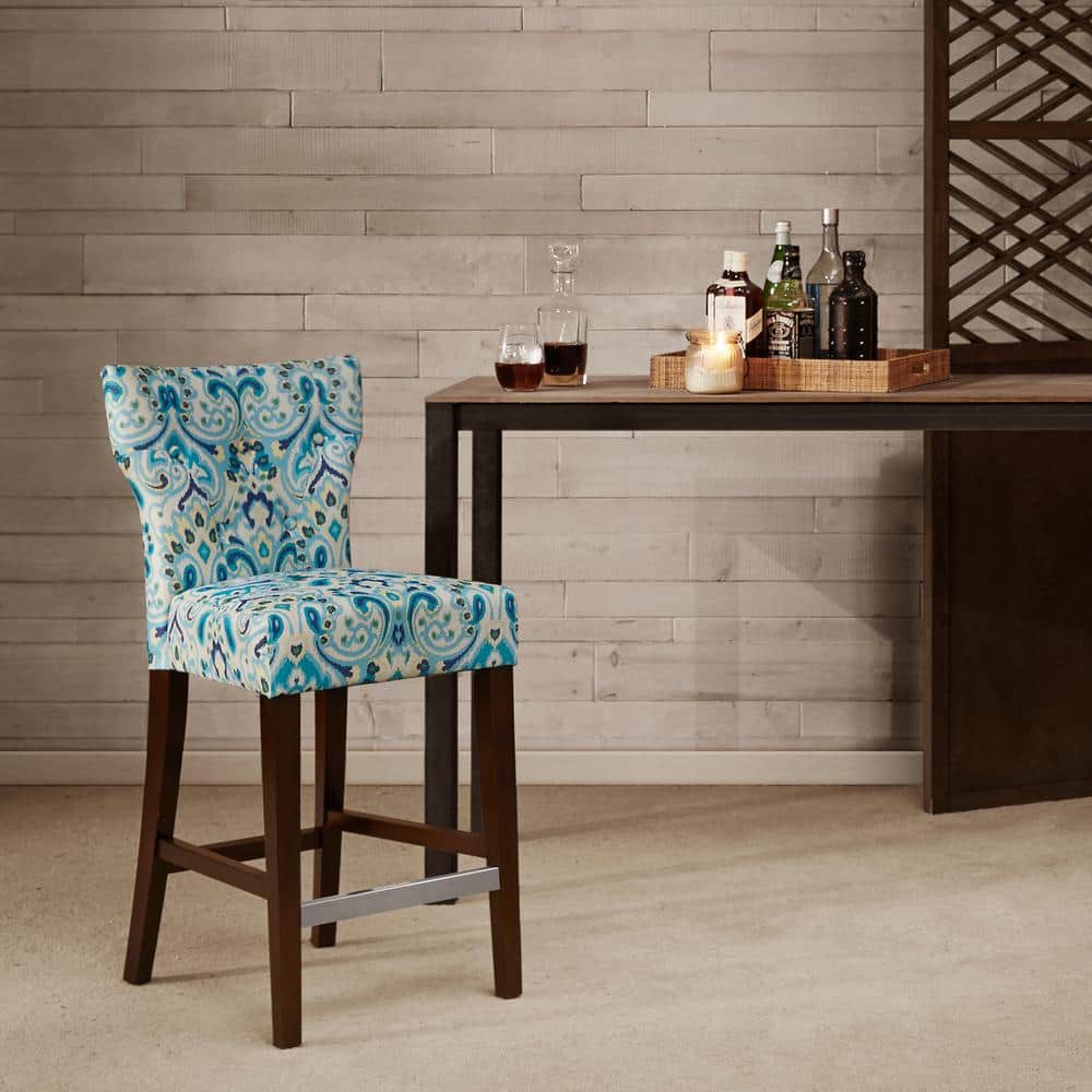 25" Blue Tufted Back Counter Stool with Espresso Birch Legs