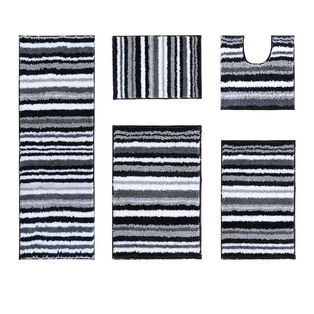 Graphite Gray and White Striped Polyester Bath Rug Set