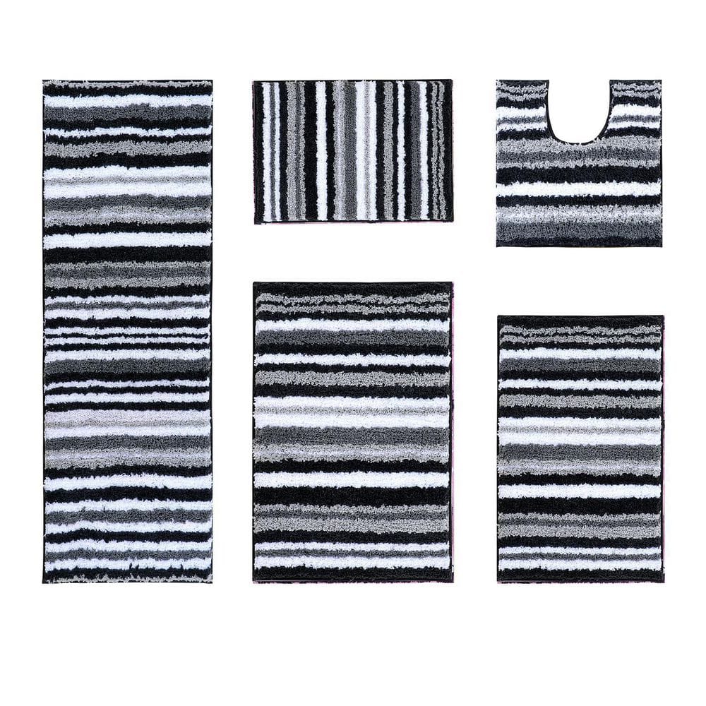 Graphite Gray and White Striped Polyester Bath Rug Set