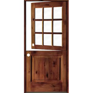 36 in. x 80 in. Farmhouse Knotty Alder Right-Hand/Inswing Clear Glass Red Chestnut Stain Dutch Wood Prehung Front Door
