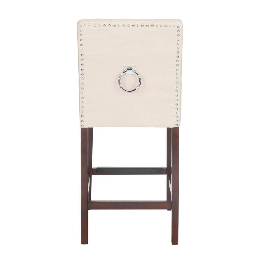 Beige Tufted Linen Transitional Counter Stool with Chrome Accents, Set of 2