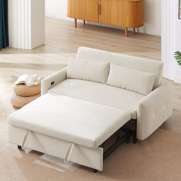 Nestfair 57.48 in. Beige 2-Seater Convertible Pull Out Sofa Bed with 2 Pillows and USB Ports