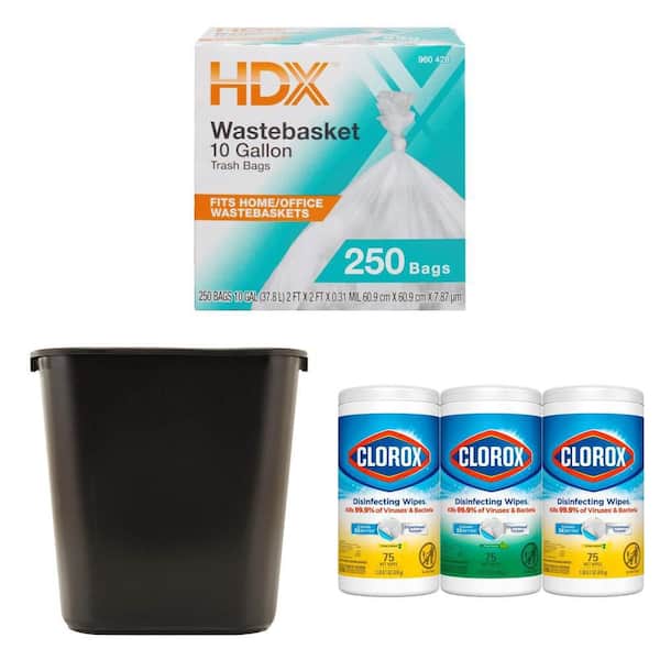 10 Gallon Clear Waste Liner Trash Bags (250-Count), 7 Gal. Black Trash Can and Lemon Scent Disinfecting Wipes (3-Pack)