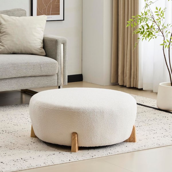 Xandor Modern White Boucle Upholstery Round Accent Ottoman with Splayed Solid Wood Legs