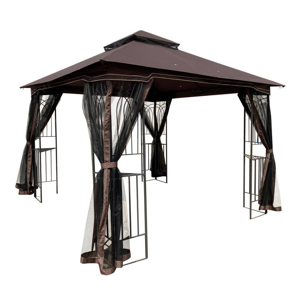 9.75 ft. x 9.75 ft. Brown Outdoor Patio Gazebo Canopy with Ventilated Doubl
