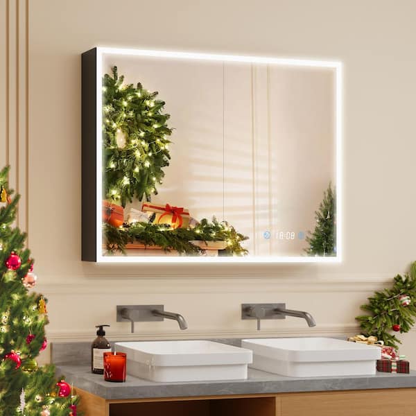48 in. W x 36 in. H Rectangular Aluminum Dimmable Flowing LED Light Anti-fog Surface Mount Medicine Cabinet with Mirror