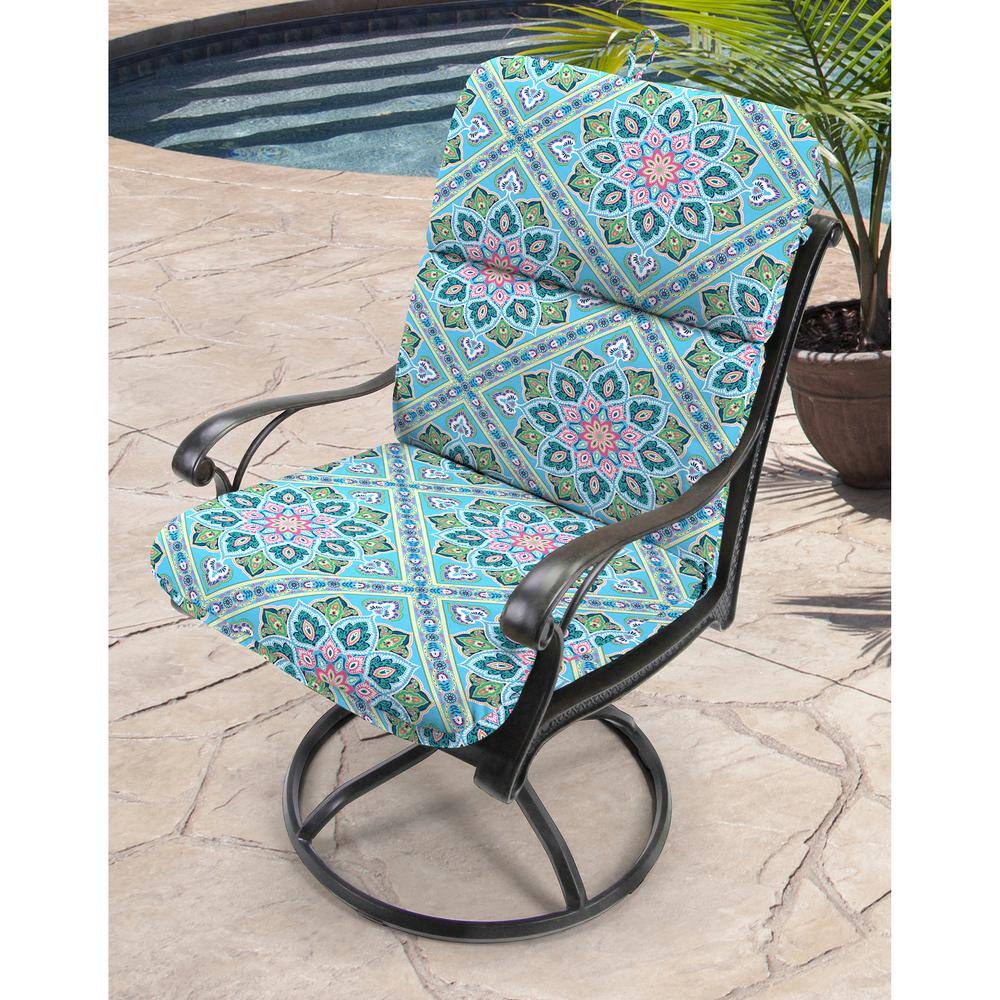 Multicolor Geometric Outdoor Chair Cushion with Ties and Hanger Loop