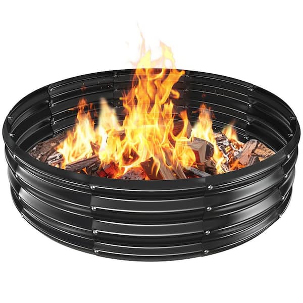 48 in. D x 12 in. H Round Galvanized Steel Wood Burning Fire Pit Kit in Black with Heat-Resistant Safety Edge Design