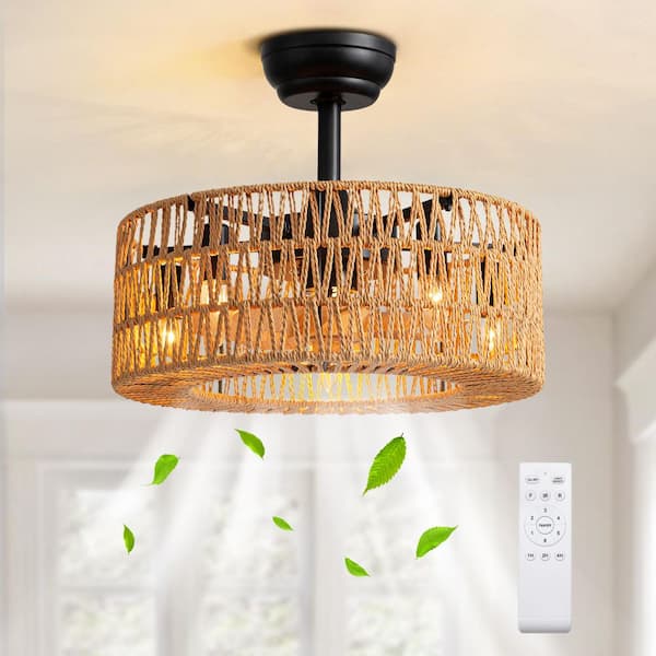 Pacific Core Boho 18 in. Indoor Brown Rattan Caged Rope Low Profile Ceiling Fan with No Bulb Included with Remote Included