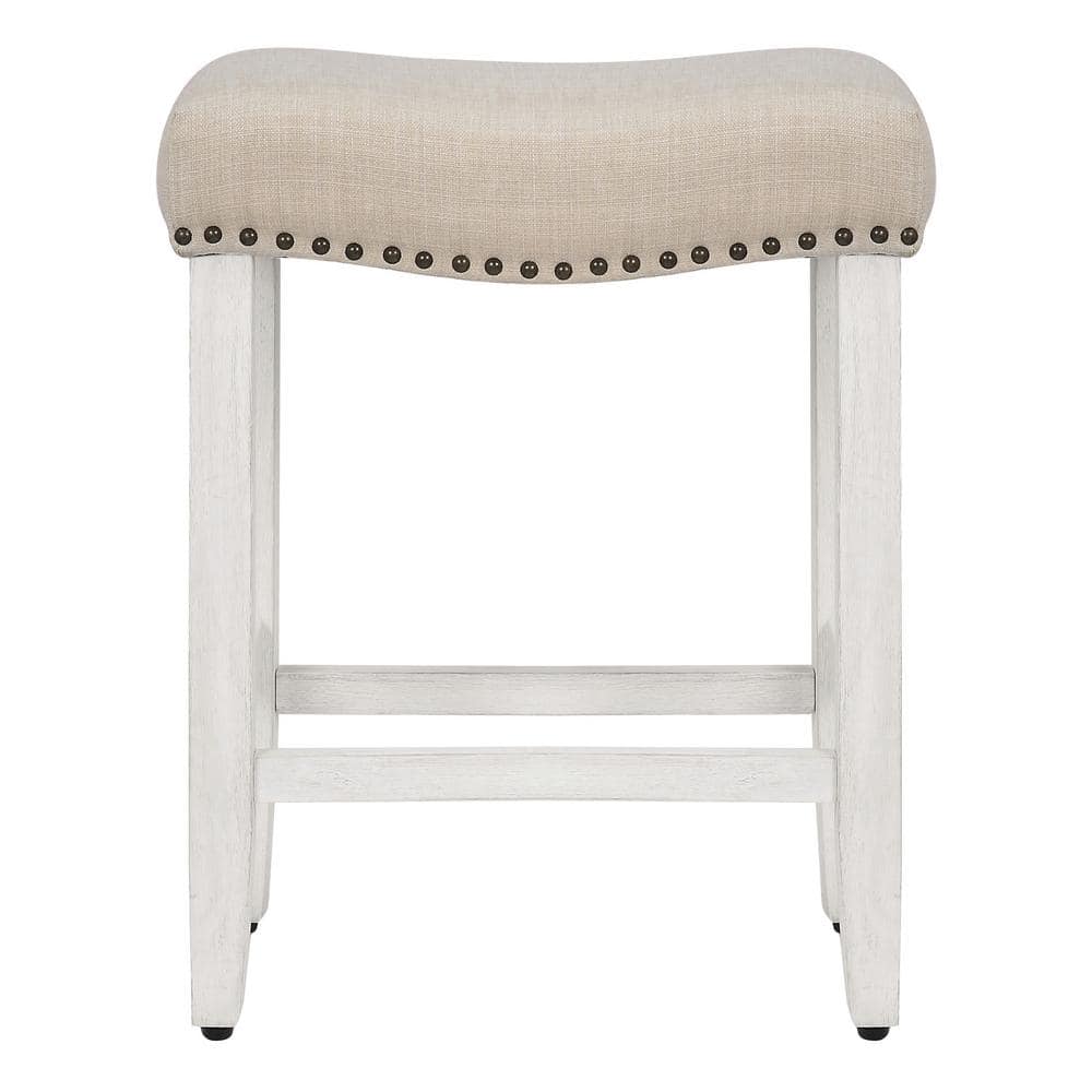 Antique White-Beige Upholstered Saddle Seat 24" Bar Stool Set