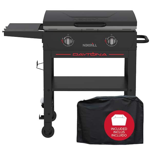 Daytona 2-Burner Propane Gas Grill 28 in. Flat Top Griddle in Black with Lid and PVC Cover Bundle