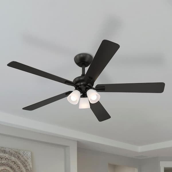 Charney 52 in. Indoor Matte Black Traditional Ceiling Fan with (3) 3000K LED Bulbs, Frosted Shades, Remote Included