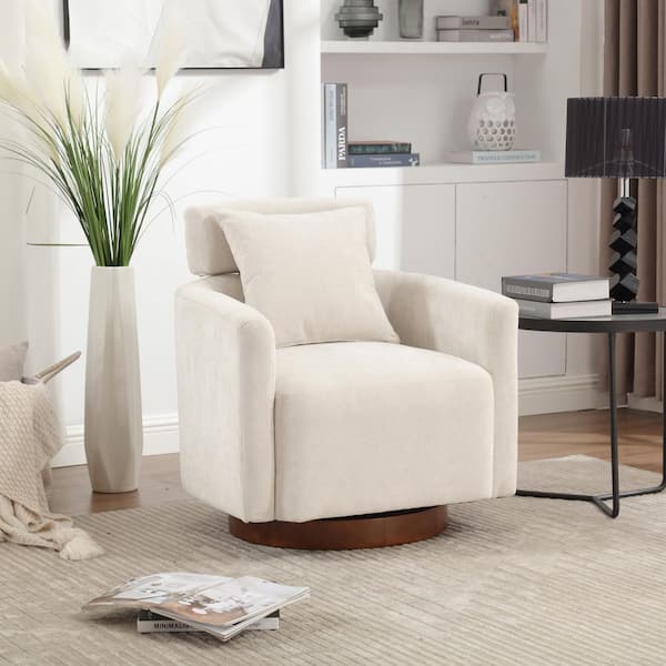 Modern Beige Chenille Adjustable Backrest Barrel Accent Arm Chair with 360° Swivel Base