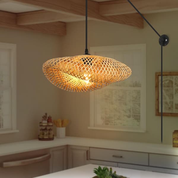 Zompoo Kitchen Island 15.8 in. 1 Light Plug in Bamboo Shade Chandelier Pendant Light with 2 Bases and Switch, Adjustable Height