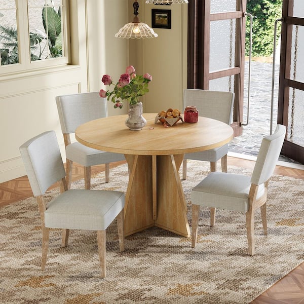 5-Piece Round Natural Wood Top Dining Table Set with 4 Upholstered Chairs