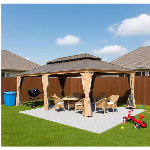 14 ft. x 22 ft. Outdoor Gazebo with Galvanized Steel Double Roof, Aluminum, Gutter System, Curtain&Netting, Wood Looking