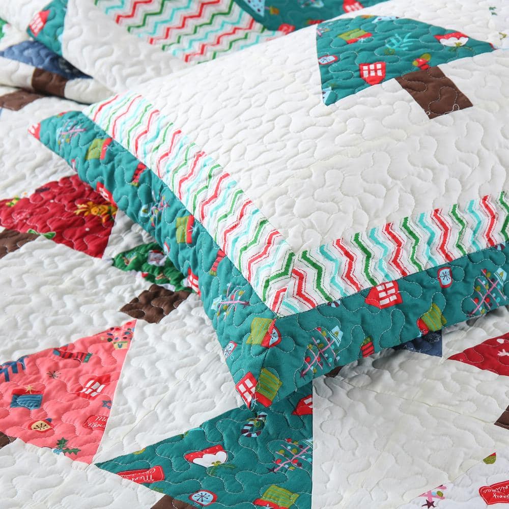 Blue Christmas Patchwork Cotton Queen Quilt Set