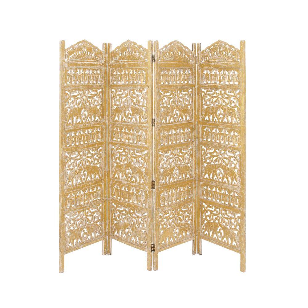 Gold Wooden Carved Elephant 4-Panel Folding Privacy Screen