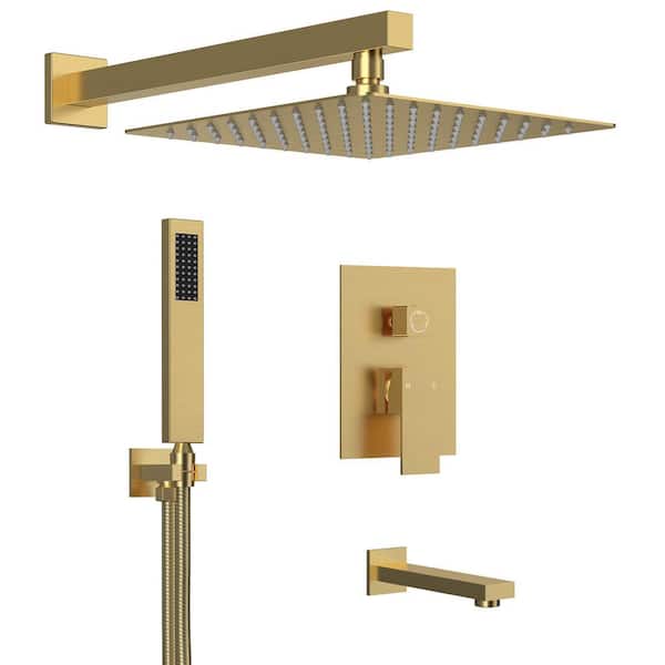 GRANDJOY Pressure Balance Single Handle 3-Spray Wall Mount 10 in. Tub and Shower Faucet 2.5 GPM in. Brushed Gold Valve Included