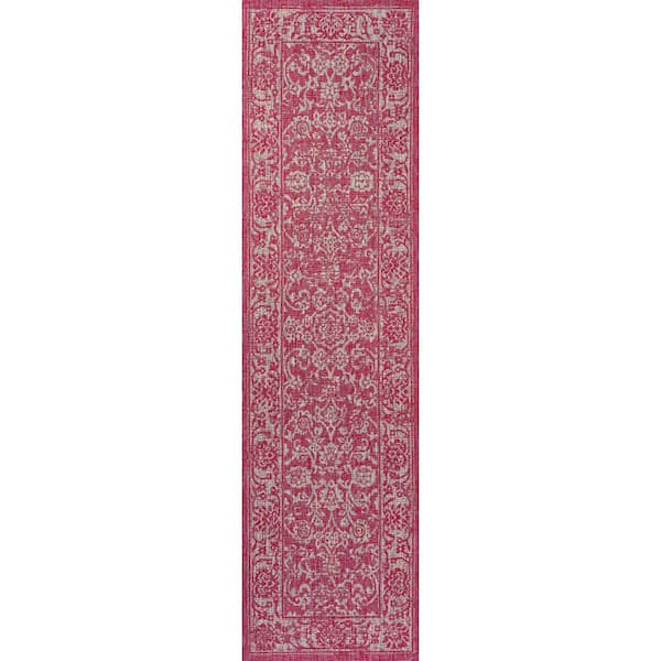Tela Bohemian Textured Weave Floral Fuchsia/Light Gray 2 ft. x 8 ft. Indoor/Outdoor Runner Rug