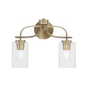 Olympia 6.75 in. 2-Light Bath Bar, New Age Brass, Square Clear Bubble Glass Vanity Light