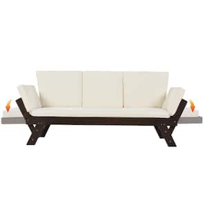Brown Wood Outdoor Chaise Lounge with Beige Cushion and Adjustable Arms