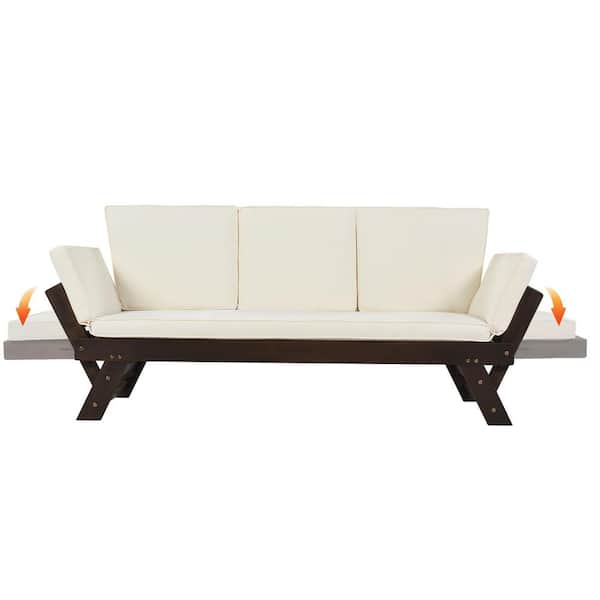 Polibi Brown Wood Outdoor Chaise Lounge with Beige Cushion and Adjustable Arms
