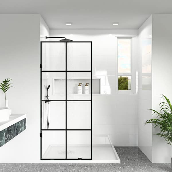 SHAAMA 34 in. W x 78 in. H Frameless Fixed Single Panel Shower Screen Door in Black Grid Pattern with 3/8 in.(10mm) Clear Glass