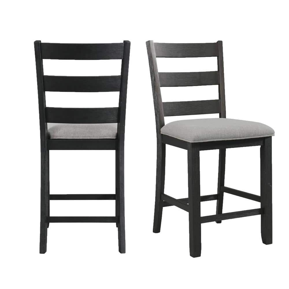 Ladderback Black Wood Side Chair with Grey Upholstered Seat