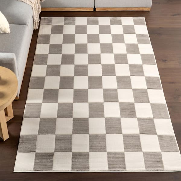 6 ft. Round Cream Zhuri Checkered Machine Washable Farmhouse Area Rug