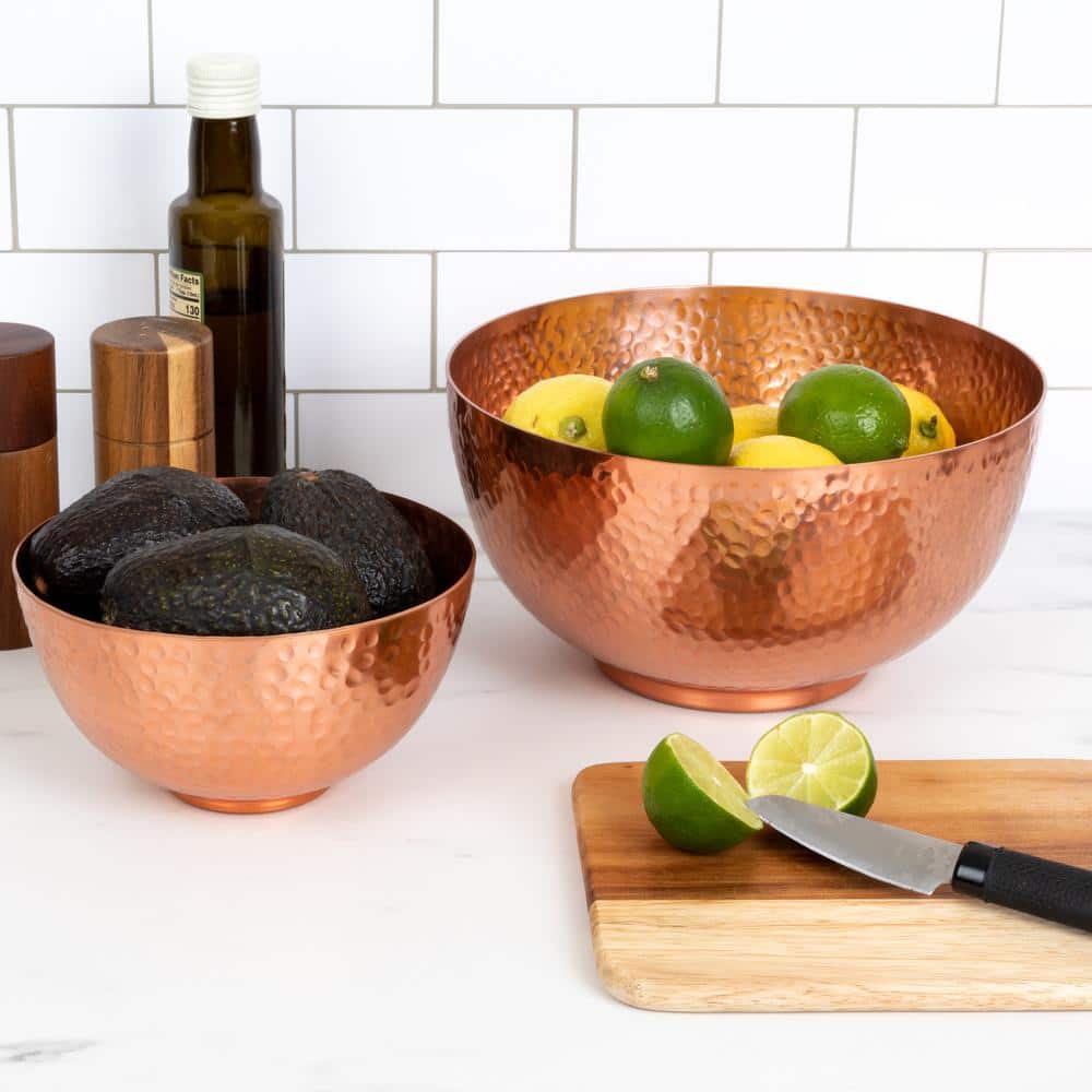 Copper Hand-Hammered Metal Serving Bowls, Set of 2