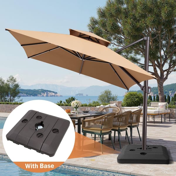 Double Top 13 ft. x 10 ft. Aluminum Heavy-Duty 360° Rotation Cantilever Patio Umbrella in Tan with 240 lbs. Base