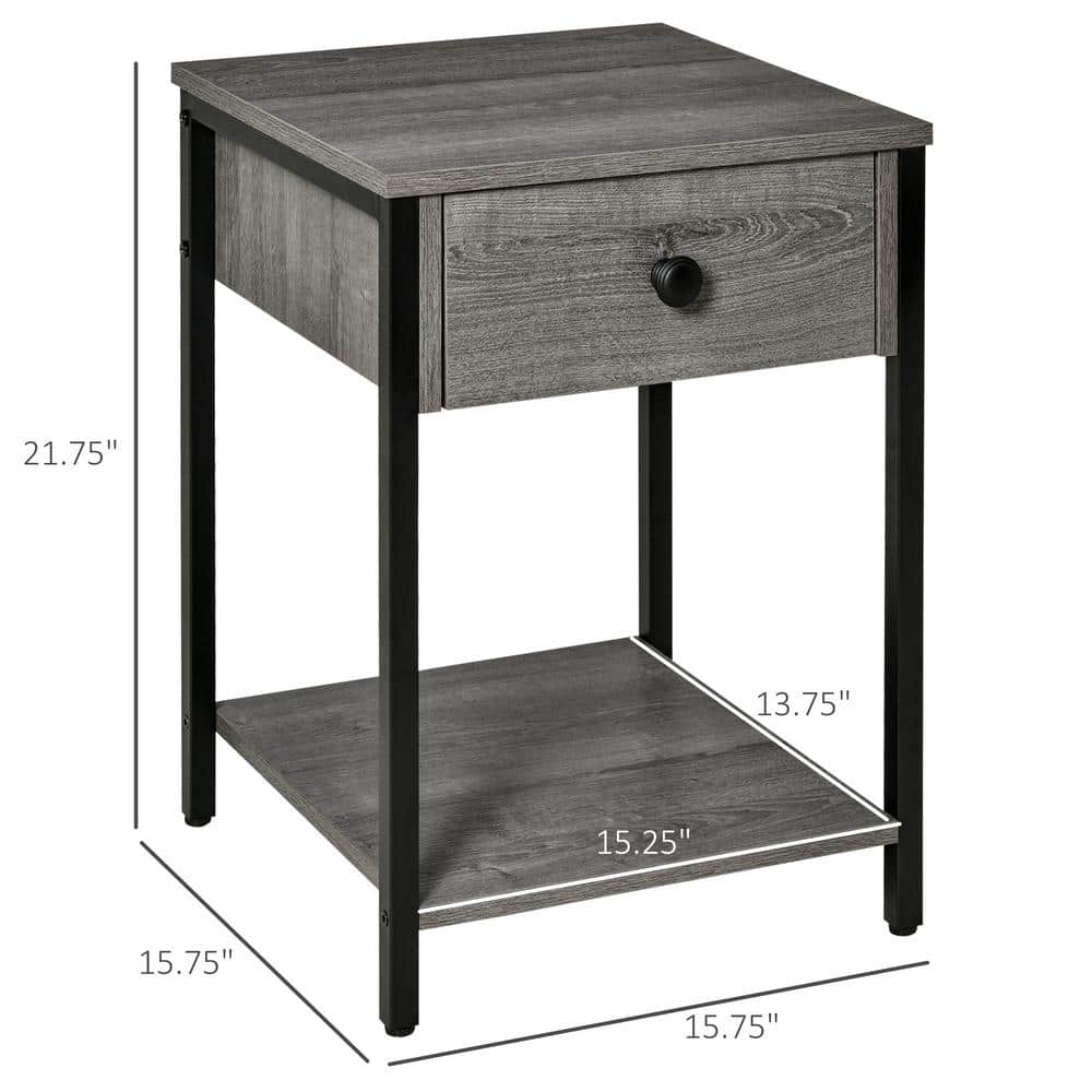 Gray Wood and Black Steel Square End Table with Storage