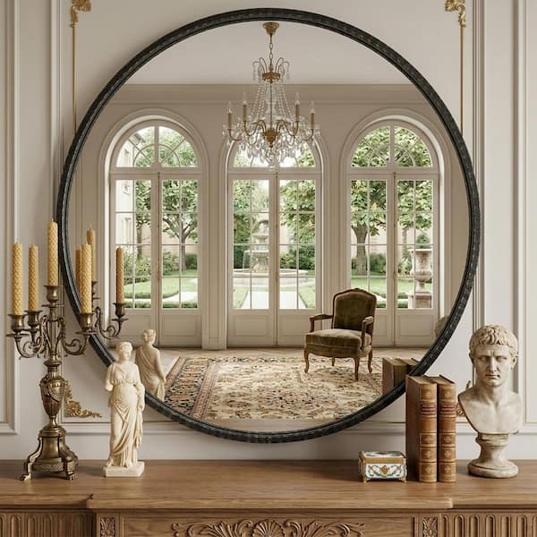 32 in. W x 32 in. H Modern Unique Round Metal Framed Wall Bathroom Vanity Mirror in Antique Black