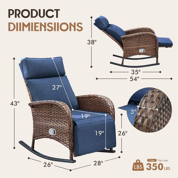 Affort 3-Piece Wicker Patio Pneumatic Pump Gravity Adjustment Outdoor Rocking Chair with Blue Cushions