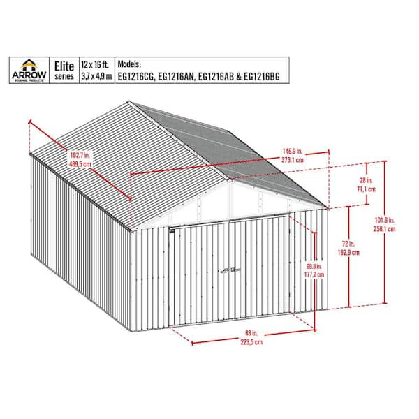 Arrow Elite Storage Shed 16 ft. W x 12 ft. D x 8 ft. H Metal Shed