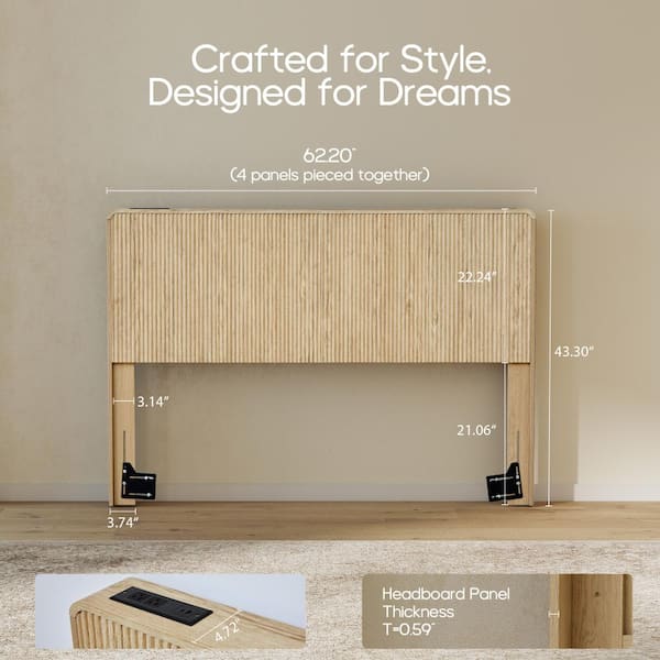 ATHMILE Natural Brown Queen MDF Panel Headboard with Charging port