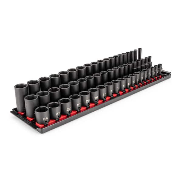 3/8 Inch Drive Shallow, Semi-Deep, and Deep 6-Point Impact Socket Set with Rails and Trays, 57-Piece (6-24 mm)