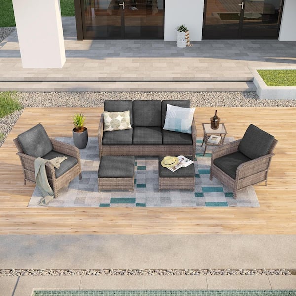 Sonkuki 6-Piece Patio Conversation Sofa Set Gray Wicker with Side Table and Thickening Cushions, Black Cushion