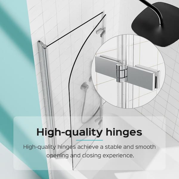Reversible 34.75 in. W x 58 in. H Bi-Fold Pivot Frameless Tub Door in Chrome with Tempered Clear Glass