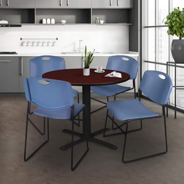 Cain 36 in. Mahogany Round X-Base Breakroom Table Desk and 4 Zeng Stack Chairs-Blue