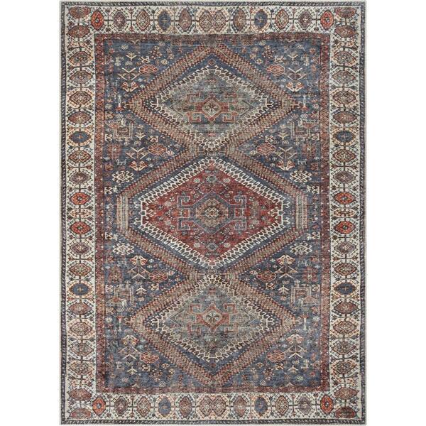 Well Woven Lotus Ripon Blue Red 6 ft. 7 in. x 9 ft. 3 in. Vintage Medallion Botanical Area Rug