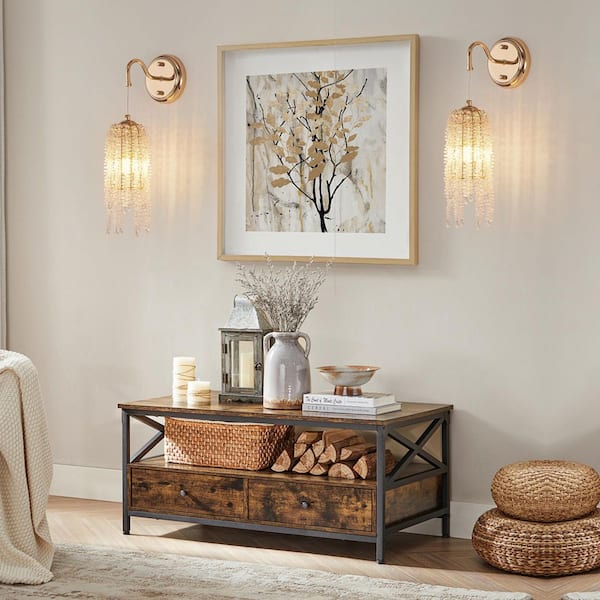 4 in. W Set of 2 Wall Sconces with Gold Frame Cascading Crystal Bead String Light Fixture, E12, No Bulbs Included