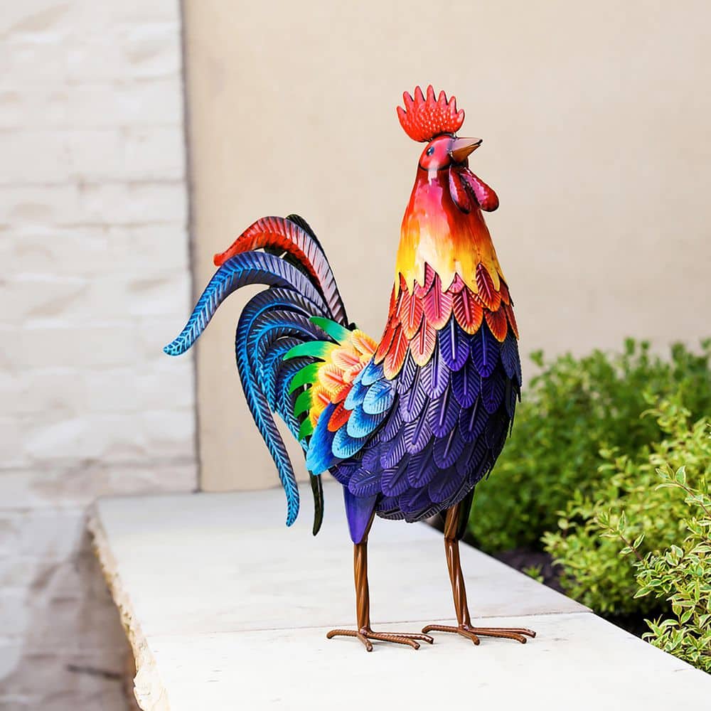 Vibrant Multicolor Metal Rooster Garden Statue 20.87 inches