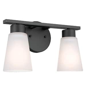 Stamos 13 in. 2-Light Black Modern Bathroom Vanity Light with Satin Etched Glass Shades