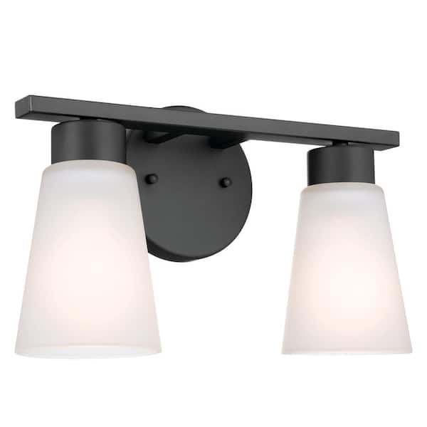 Stamos 13 in. 2-Light Black Modern Bathroom Vanity Light with Satin Etched Glass Shades