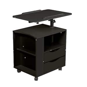16.69 in. Rectangle Black Wood 2-Drawer Laptop Desk with Swivel Top Wheels and Open Shelf
