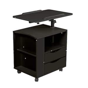 Hideo 20 in. Black Rectangle MDF Night Stand with Height Adjustable Swivel Top and Wheels